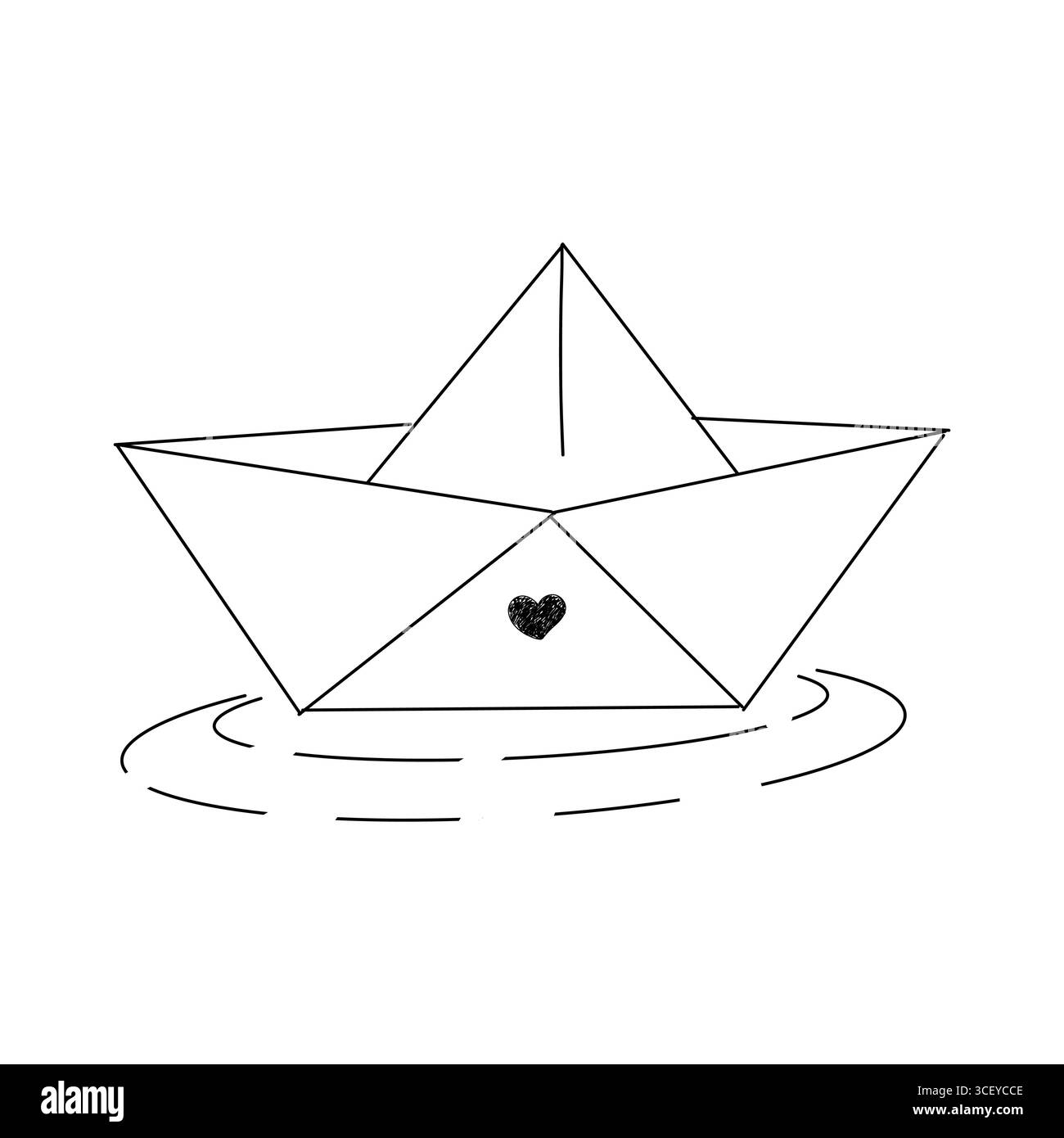 Bateau de papier avec coeur mignon sur l'eau doodle dessiné à la main. Navire à croquis en origami à ligne simple. Jouet pour enfants pour lac ou flaque d'eau. . Illustration vectorielle Illustration de Vecteur