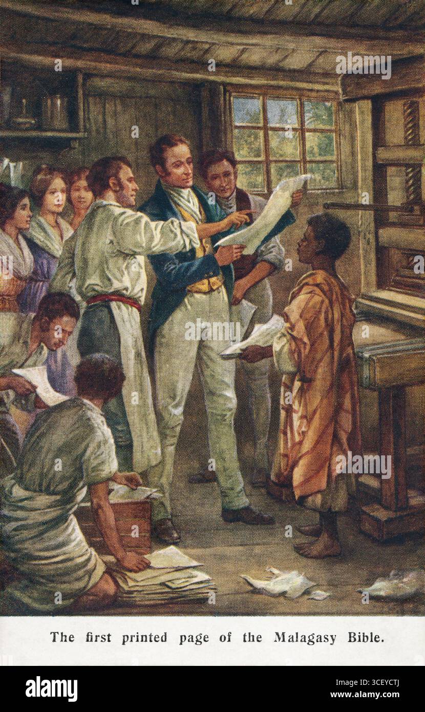 Carte postale vintage de l'impression de la première Bible malgache à Madagascar en 1835. Banque D'Images