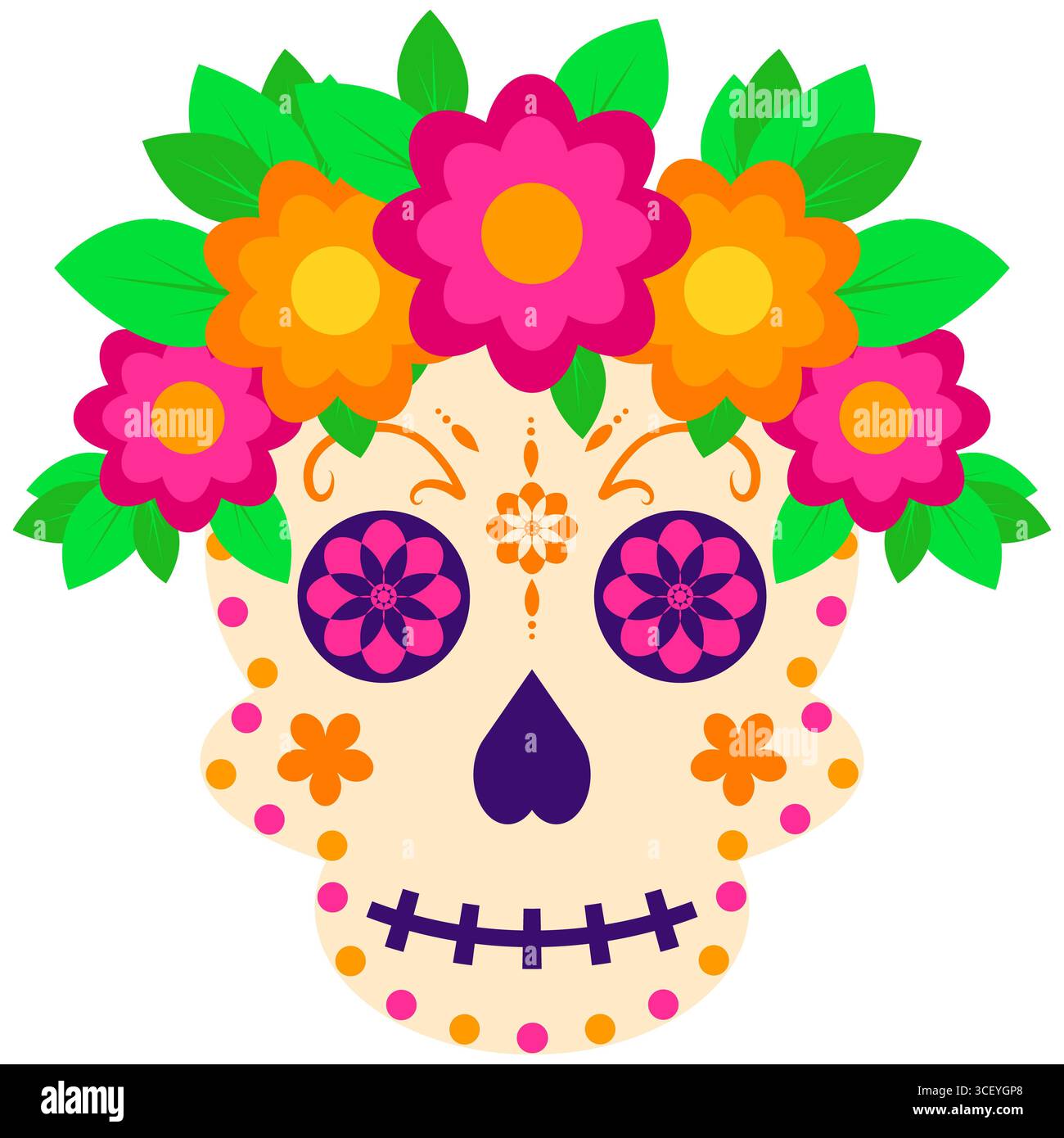 Dia de Muertos Sugar Skull Clipart avec des fleurs fond transparent mexicain Journée des morts illustration Banque D'Images