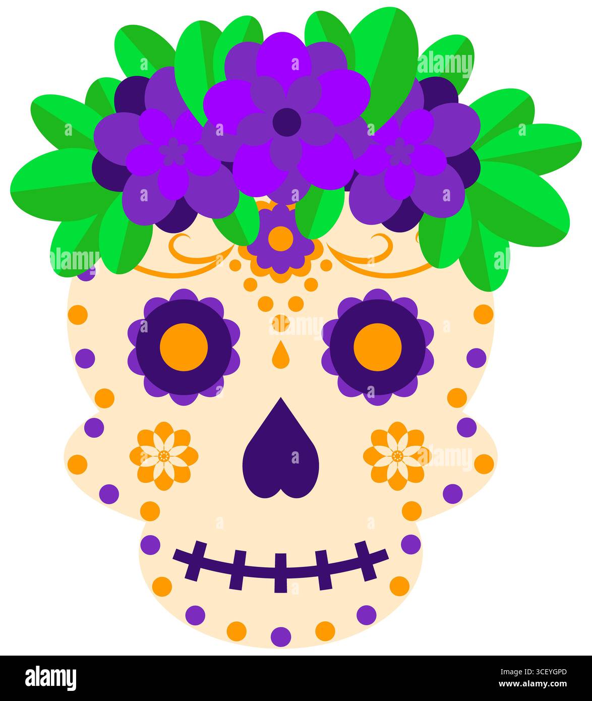 Dia de Muertos Sugar Skull Clipart avec des fleurs fond transparent mexicain Journée des morts illustration Banque D'Images