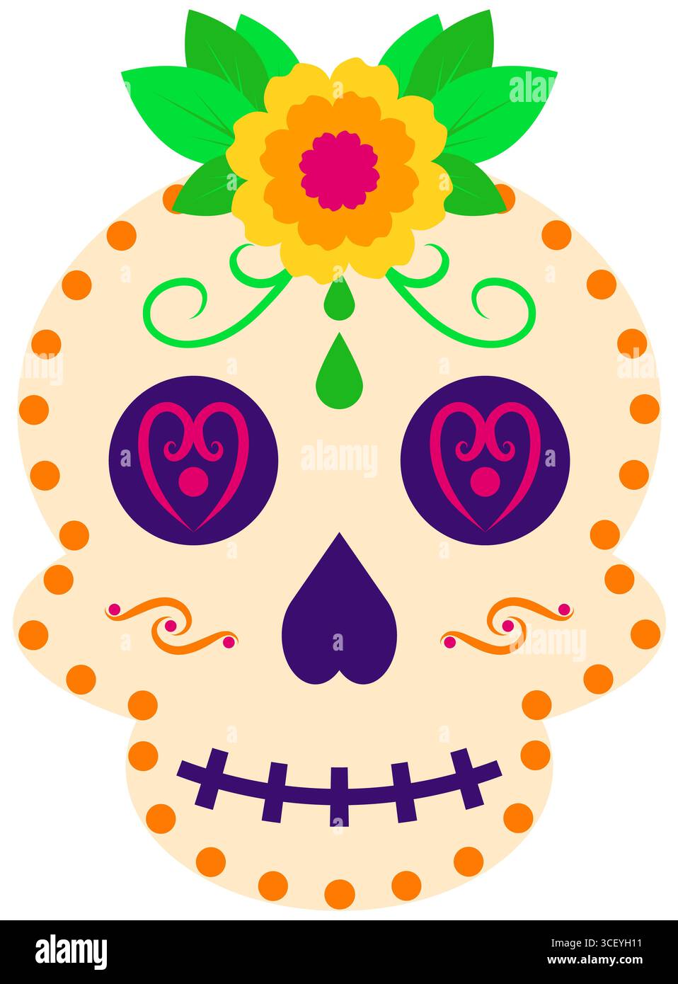 Dia de Muertos Sugar Skull Clipart avec des fleurs fond transparent mexicain Journée des morts illustration Banque D'Images