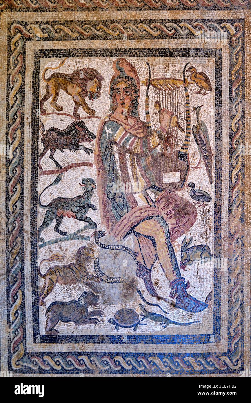 Grèce, Péloponnèse, Laconie, Sparte, Maison de la mosaïque, Orphée le charmeur d'animaux, IVe siècle Banque D'Images
