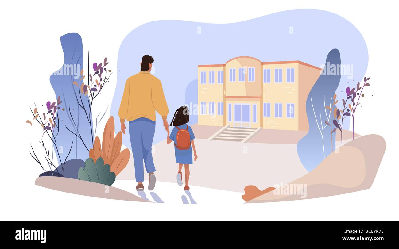 Père et fille de retour à l'entrée de l'école matin marcher ensemble tenant la main approchant le bâtiment entouré de plantes abstraites couleurs pastel Illustration de Vecteur