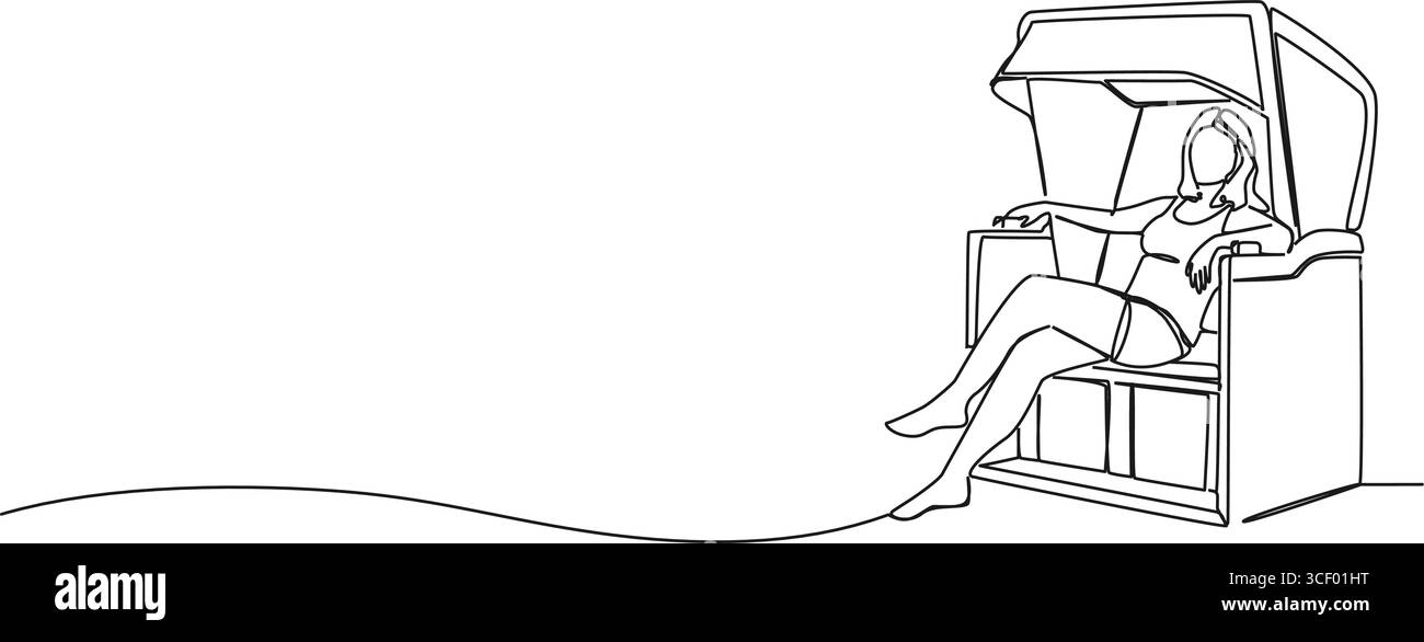 dessin en ligne simple continu de femme se relaxant dans une chaise de plage à capuche, illustration vectorielle d'art de ligne Illustration de Vecteur