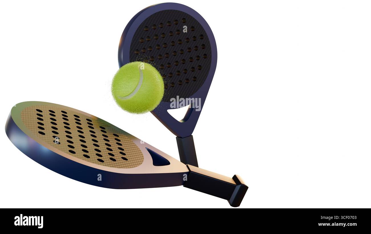 Un rendu 3D de deux raquettes de padel à cadre bleu métallique et une balle, une sphère floue, jaune-vert néon. Les éléments clés du jeu de padel. Banque D'Images