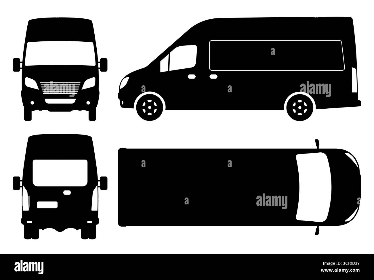 Silhouette de van sur un fond blanc. Les icônes du véhicule définissent la vue latérale, avant, arrière et supérieure. Illustration de Vecteur