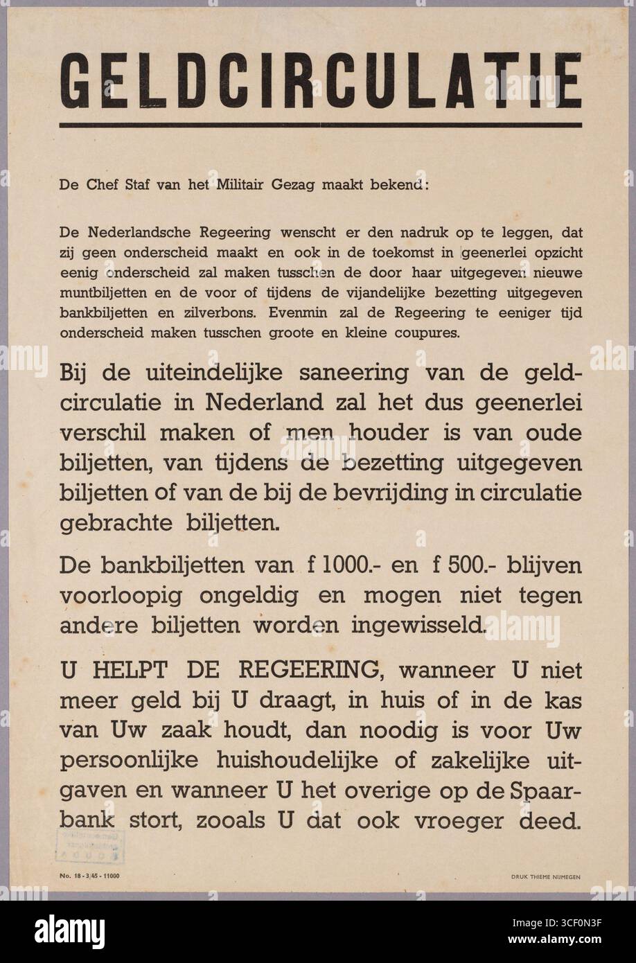 Cette annonce de mars 1945 par le chef d'état-major de l'Autorité militaire aux pays-Bas concernait les règlements sur la circulation monétaire et la réforme monétaire au cours des derniers mois de la première Guerre mondiale Banque D'Images