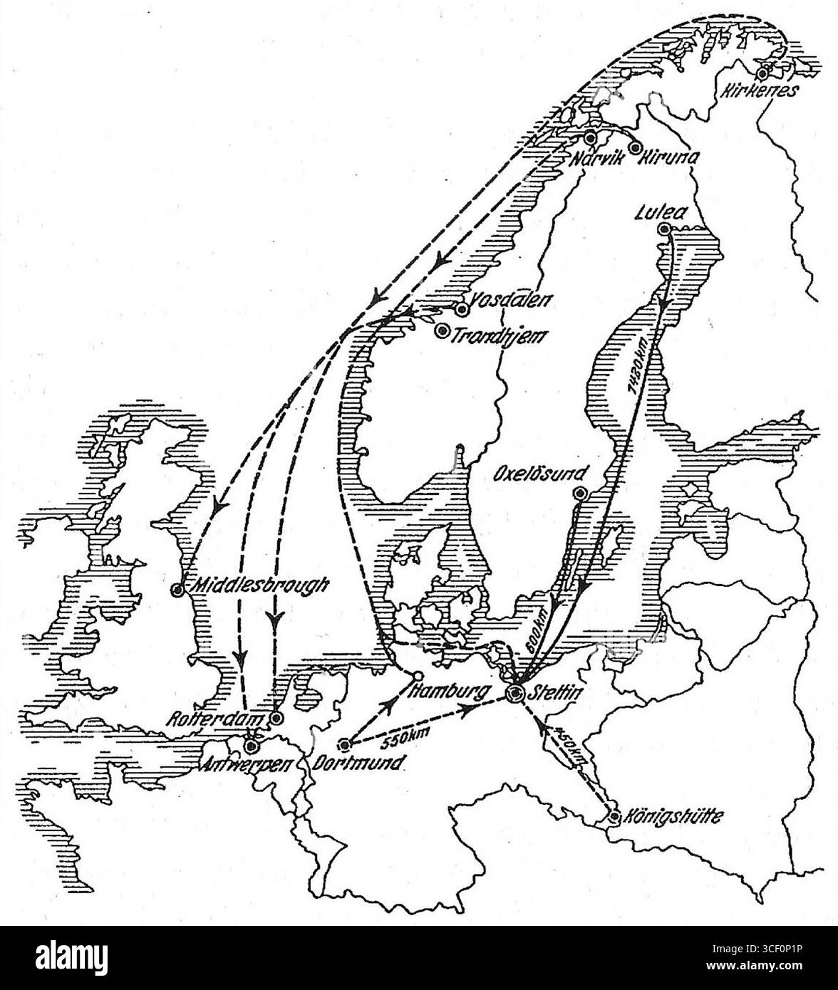 Les routes de transport du commerce du minerai, avec un accent particulier sur le canal Kaiser Wilhelm, qui n'a été utilisé à cette fin que pendant la première Guerre mondiale, avant le 8 février 1919. Banque D'Images