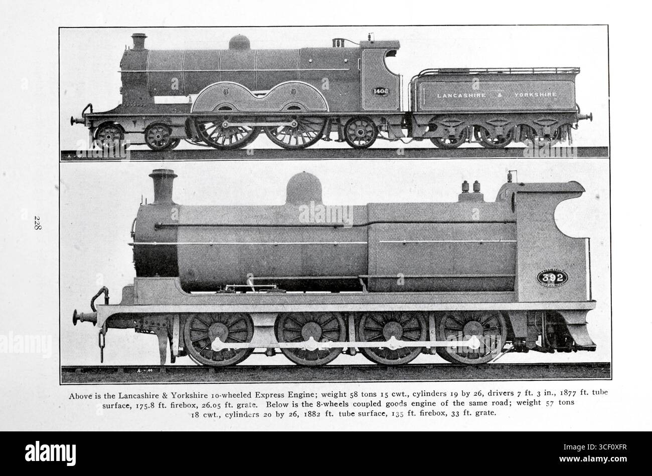 Lancashire & Yorkshire 10 roues moteur express (haut) 8 roues couplées moteur de marchandises (bas) de l'article PARTICULARITÉS DANS LA CONCEPTION DES CHAUDIÈRES DE LOCOMOTIVE ET DES FOYERS. Par Charles S. Lake. Tiré de l'Engineering Magazine consacré au progrès industriel volume XXVI octobre 1903 - mars 1904 The Engineering Magazine Co Banque D'Images