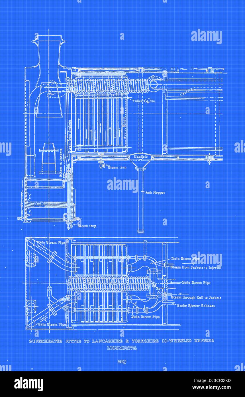 SURCHAUFFEUR MONTÉ SUR LA LOCOMOTIVE EXPRESS À 10 ROUES DU LANCASHIRE & YORKSHIRE. DE L'ARTICLE CARACTÉRISTIQUES SPÉCIALES DANS LA CONCEPTION DES CHAUDIÈRES DE LOCOMOTIVE ET DES FOYERS. Par Charles S. Lake. Tiré de l'Engineering Magazine consacré au progrès industriel volume XXVI octobre 1903 - mars 1904 The Engineering Magazine Co Banque D'Images