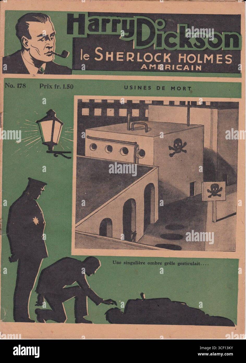 Couverture du magazine Harry Dickson de 1938, mettant en vedette le personnage détective américain Sherlock Holmes dans l'histoire "usines de mort". Banque D'Images