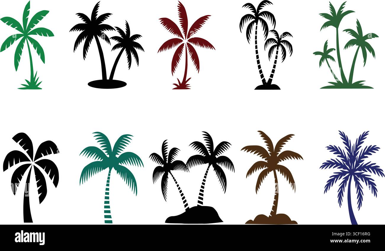 Icônes colorées de palmier – silhouettes tropicales et variations artistiques Illustration de Vecteur