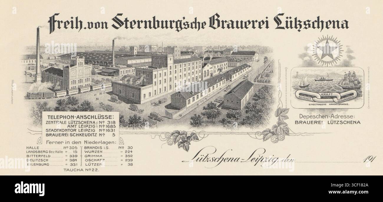 Papier à en-tête de 1910 de la brasserie Sternburg, présentant son logo et des éléments de design typiques de l'époque. Cet article vintage donne un aperçu de l'image de marque du début du XXe siècle. Banque D'Images