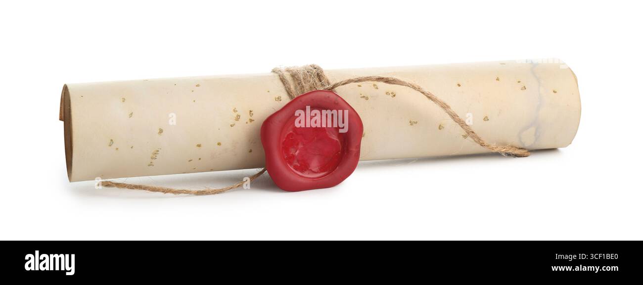 Vieux rouleau de papier roulé isolé sur blanc Banque D'Images