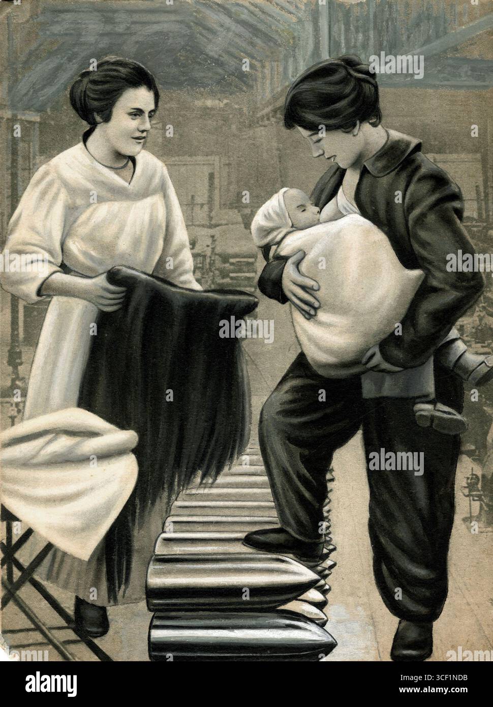 Une illustration de 1917 du magazine français J'ai vu représentant les deux devoirs des femmes françaises pendant la première Guerre mondiale : maternité et travail dans l'industrie des munitions, montrant une femme allaitant debout sur des obus d'artillerie. Banque D'Images
