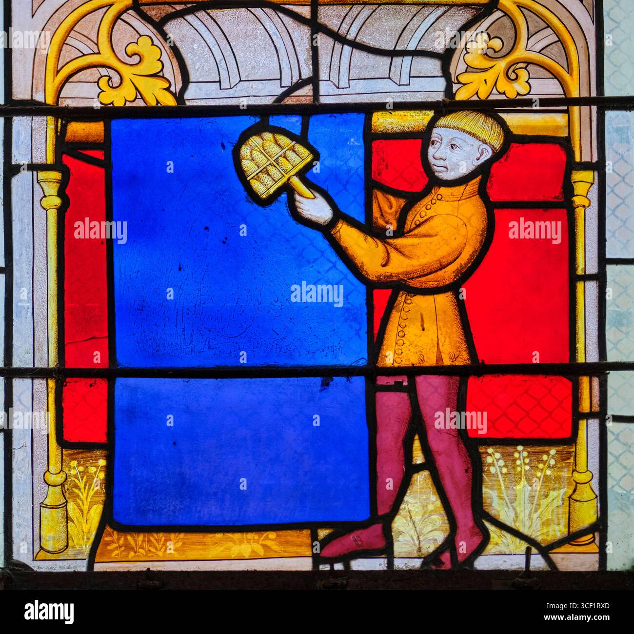 France, Côte d'Or, Semur-en-Auxois, collégiale notre-Dame, vitraux du XVe siècle représentant les métiers, les draperies Banque D'Images