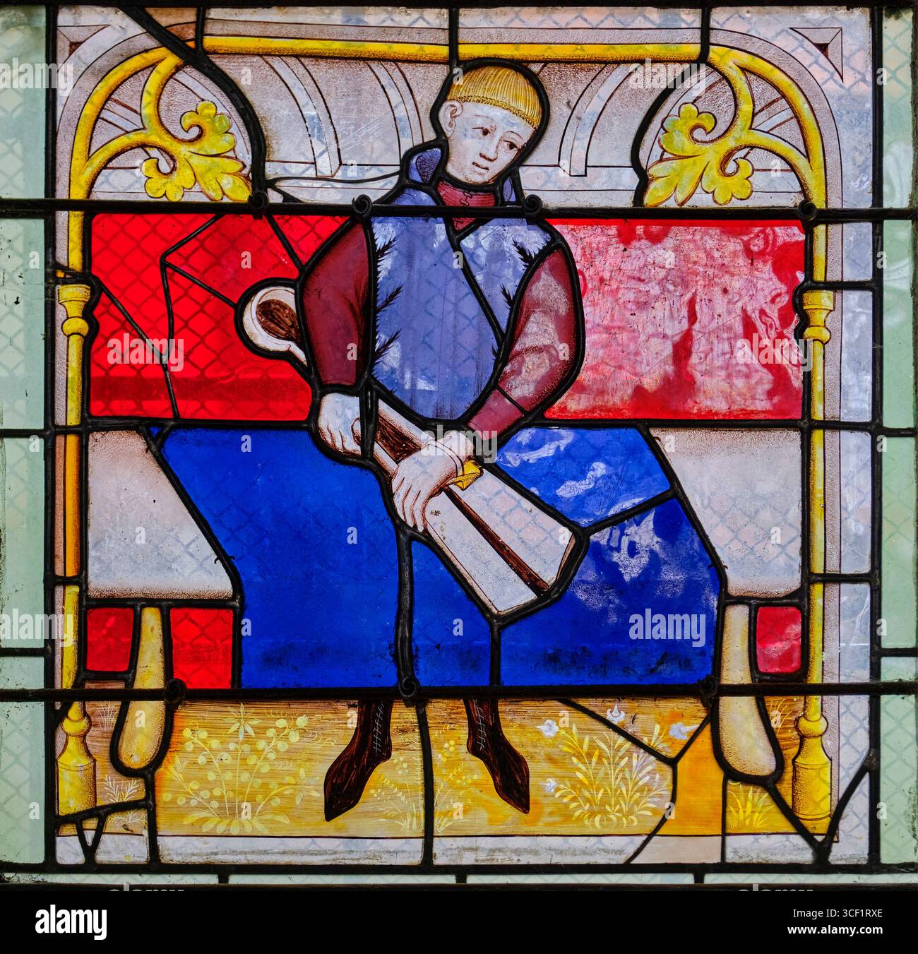 France, Côte d'Or, Semur-en-Auxois, collégiale notre-Dame, vitraux du XVe siècle représentant les métiers, les draperies Banque D'Images