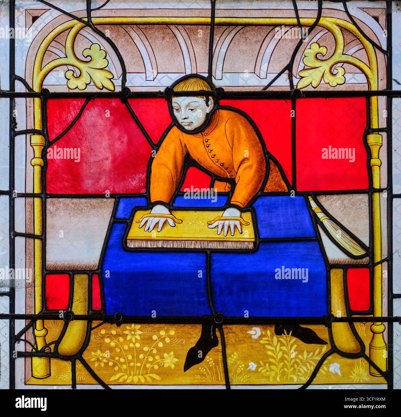 France, Côte d'Or, Semur-en-Auxois, collégiale notre-Dame, vitraux du XVe siècle représentant les métiers, les draperies Banque D'Images