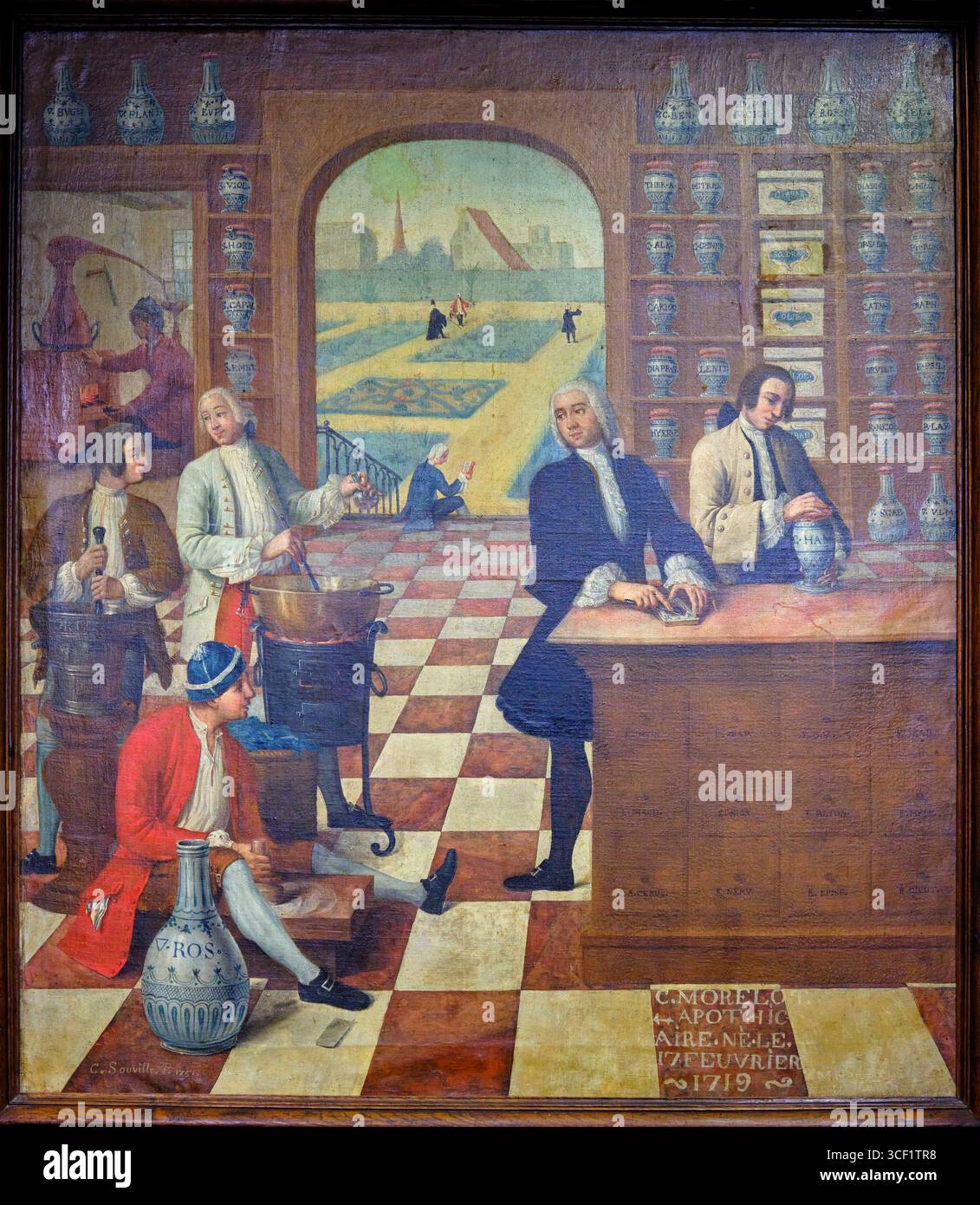 France, Côte-d'Or, Beaune, Hospices de Beaune, Hôtel-Dieu, la pharmacie, l'apothicaire Claude Morelot dans sa pharmacie par Michel Charles Coquelet Souv Banque D'Images