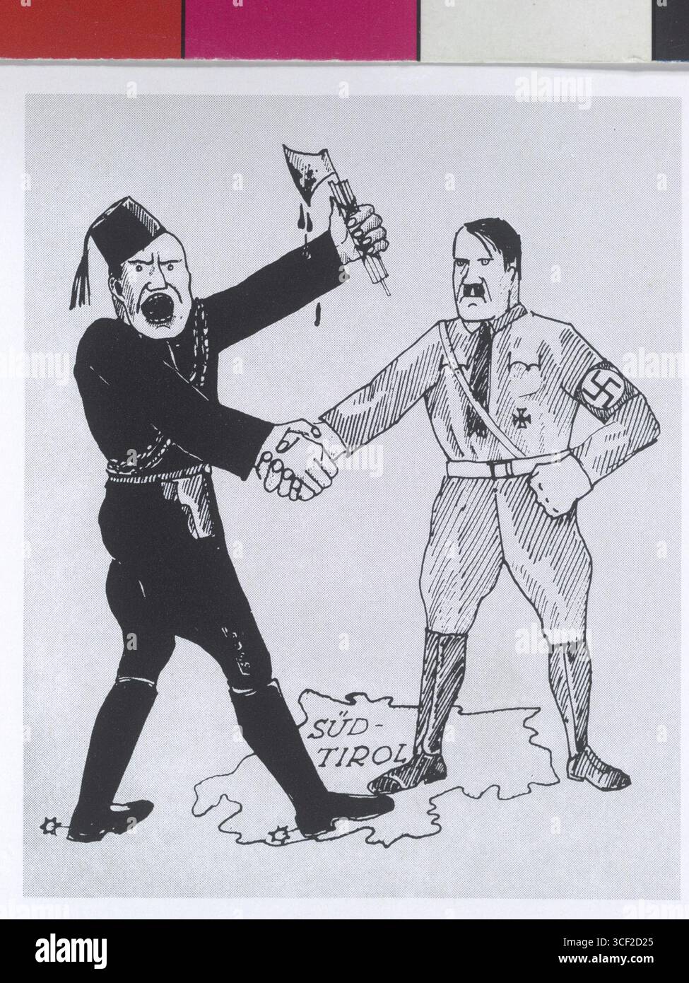 Une caricature de 1938 mettant en vedette Benito Mussolini et Adolf Hitler, deux personnages clés de la seconde Guerre mondiale, attirés pour satirer leurs rôles à l'époque. Banque D'Images