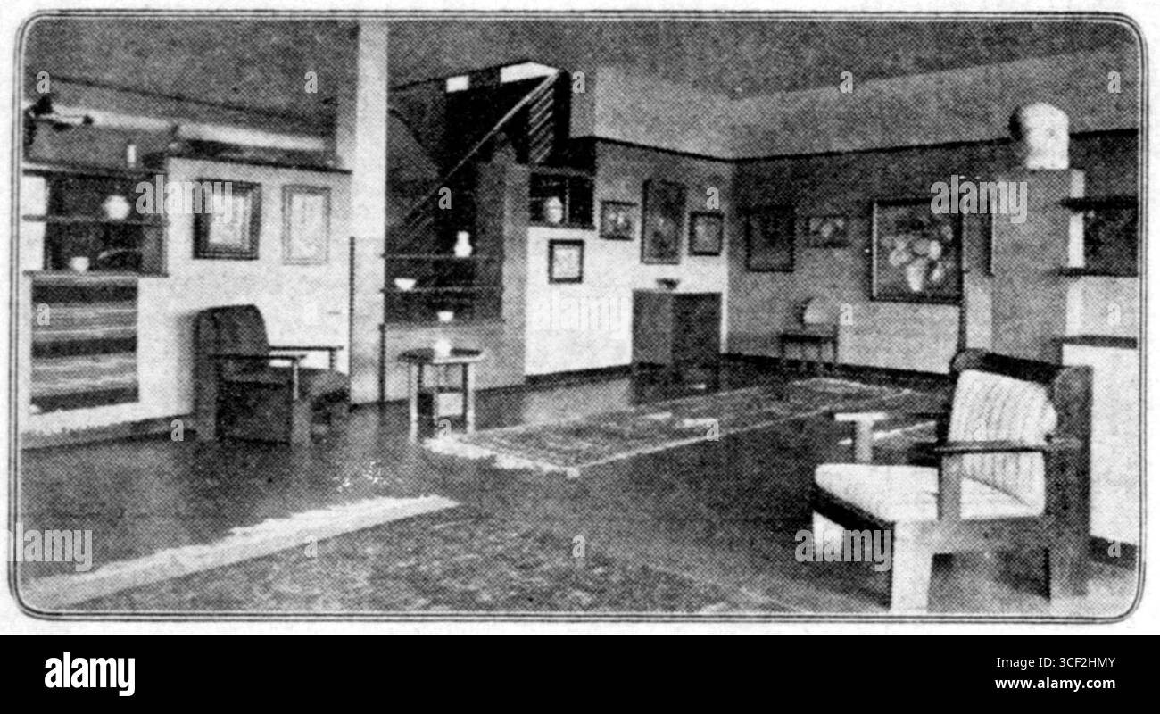 Une photographie de l'exposition de 1927 des membres de la Société néerlandaise des artistes visuels 'de Brug' au Kunstzaal Boskamp à Overveen, présentant une variété d'œuvres d'artistes néerlandais. Banque D'Images