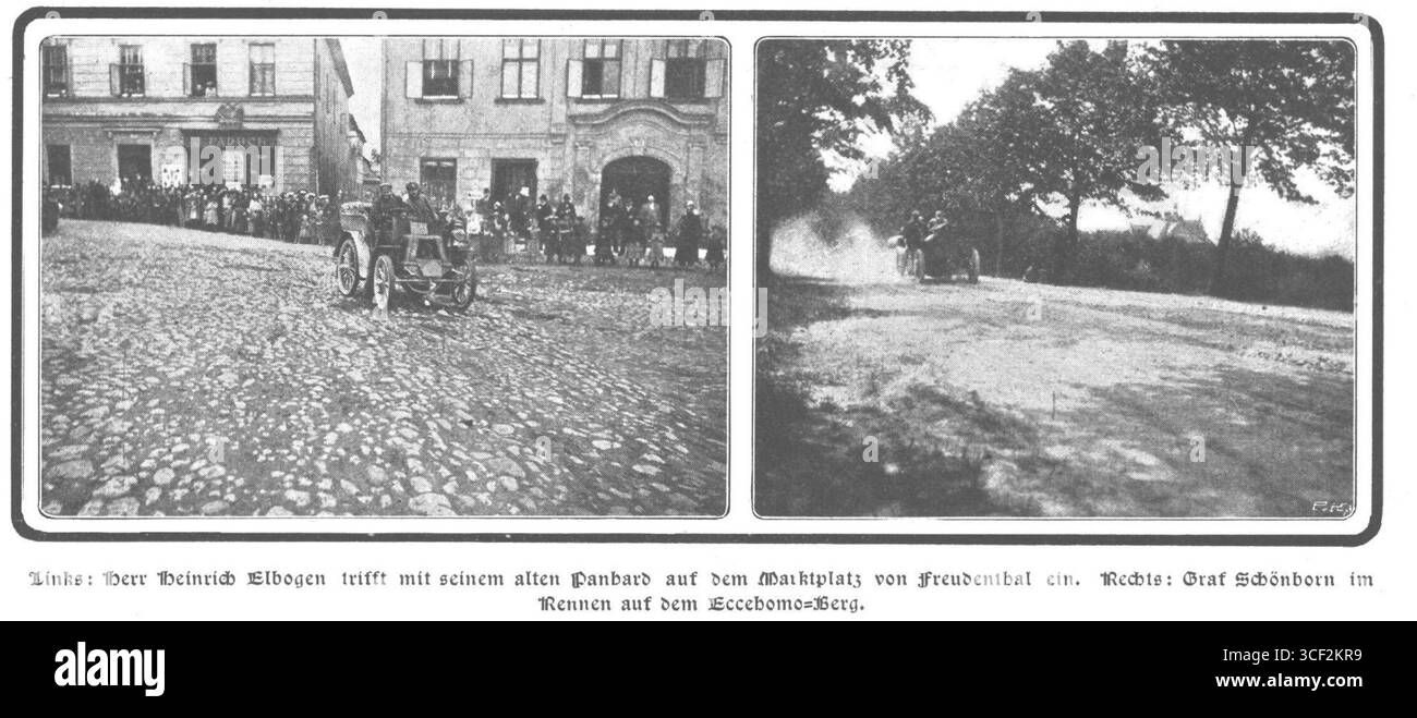 Cette photographie historique, prise le 28 mai 1905, montre la première course compétitive sur la piste Ecce Homo près de Sternberk. Connue pour ses courbes difficiles et sa section en montée, cette course est un événement notable dans l'histoire de la course automobile. La course Ecce Homo est l'un des plus anciens événements de sport automobile en République tchèque, attirant un public dévoué. Banque D'Images