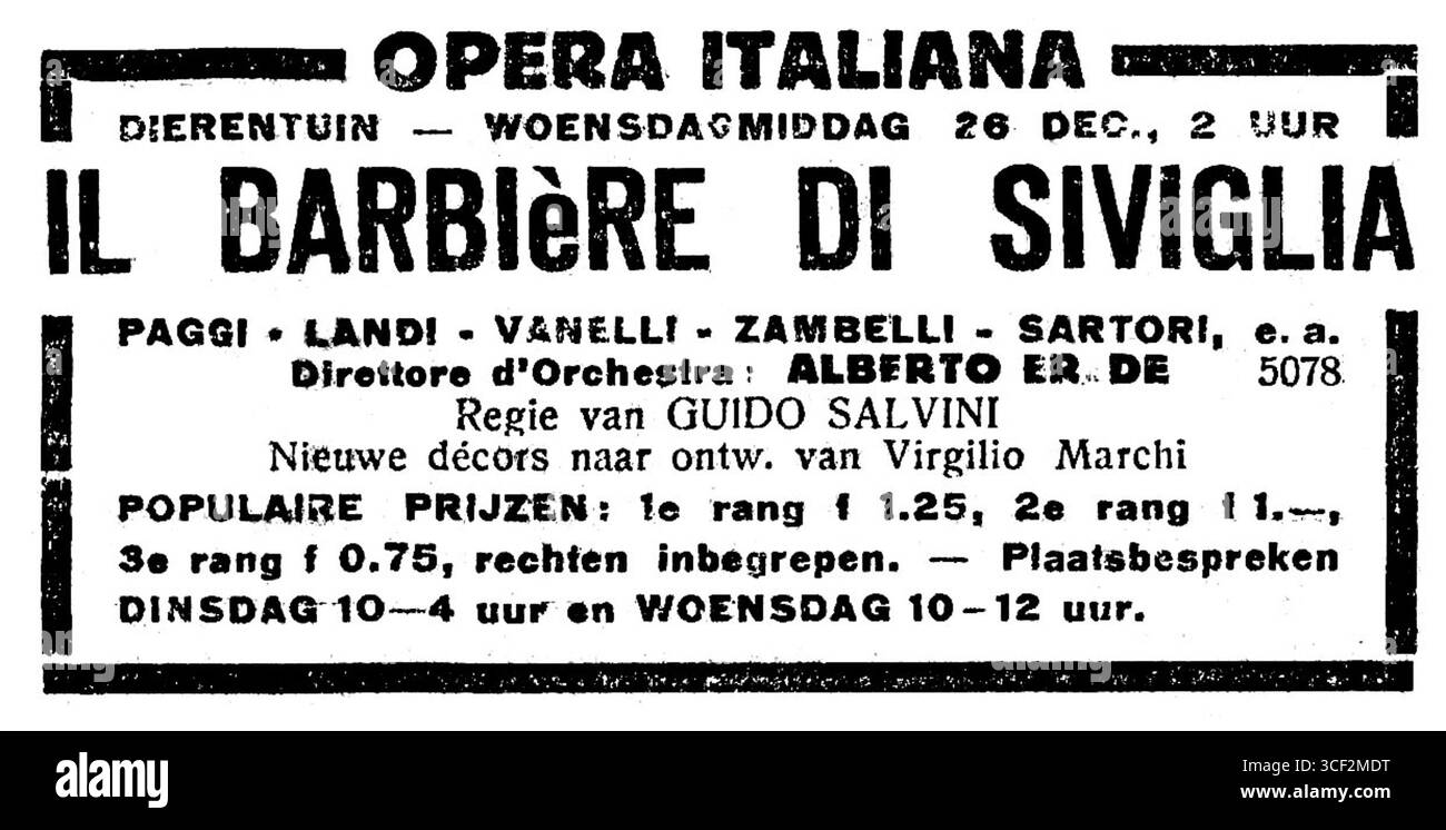 Cette publicité de de de Avondpost, publiée le 24 décembre 1934, promeut l'Opera Italiana, un événement culturel important aux pays-Bas. Il reflète l'intérêt croissant pour l'opéra italien et les échanges culturels européens au cours des années 1930 Banque D'Images