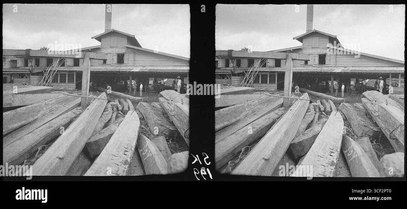 Une photographie stéréoscopique de 1940 de la scierie de Gomperts, capturant le fonctionnement de l'équipement de coupe et de transformation du bois dans un contexte industriel historique. Banque D'Images