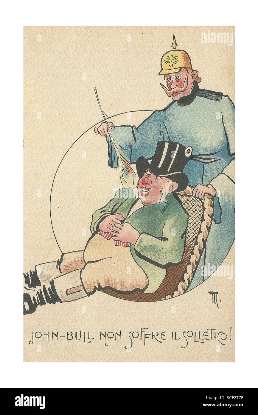 Une carte postale satirique italienne de la première Guerre mondiale, intitulée « John Bull n'est pas facile à chatouiller », commente avec humour la résistance et l'humour britanniques en temps de guerre. Il reflète la satire culturelle de l'époque. Banque D'Images