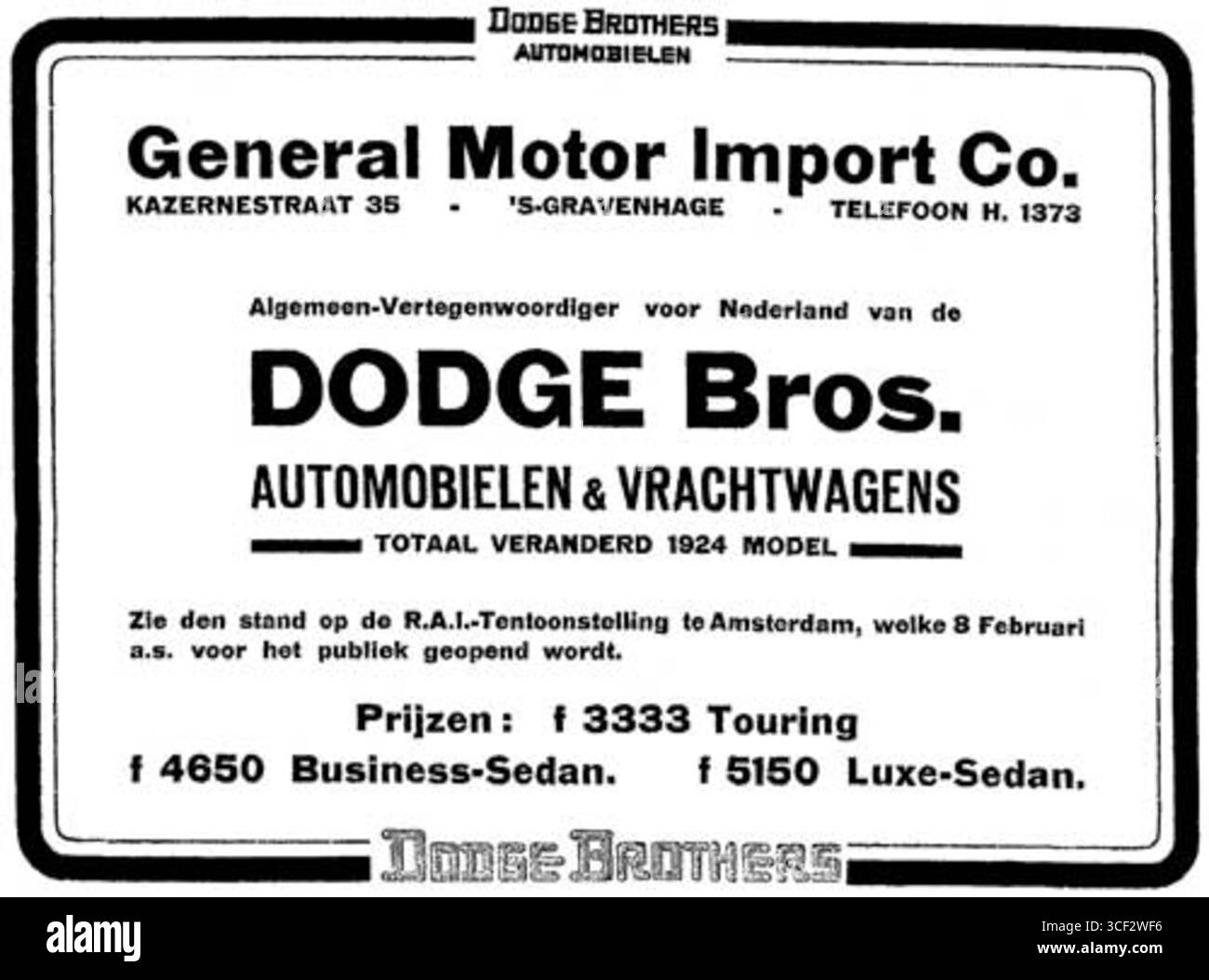 En février 1924, General Motor Import Co. À la Haye est devenu importateur de voitures et de camions Dodge. La société, liée à Louwman & Parqui, a changé de nom en avril 1924. Une publicité de février souligne la transition. Banque D'Images