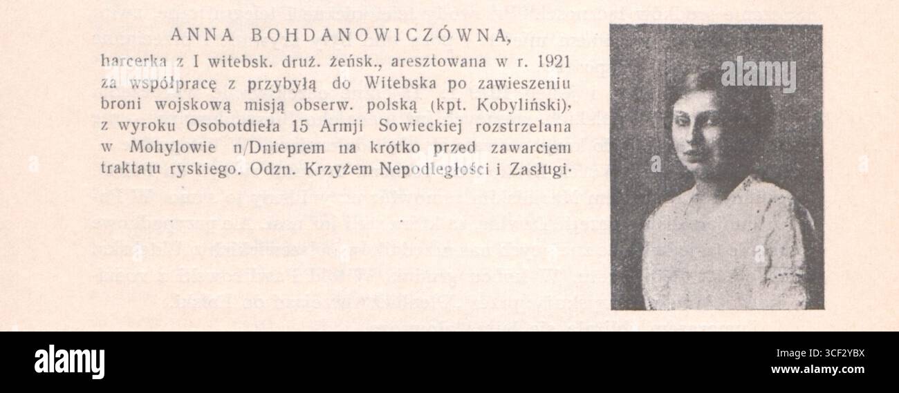 Ce portrait montre Anna Bohdanowiczówna (1900-1921), militante nationale polonaise et chef scout de la 1ère troupe scout à Vitebsk. La photographie, datant d'avant 1921, a été prise par Eugeniusz Gulczyski. Anna était également connue sous le nom d'Anna Dworzecka-Bohdanowicz. Banque D'Images
