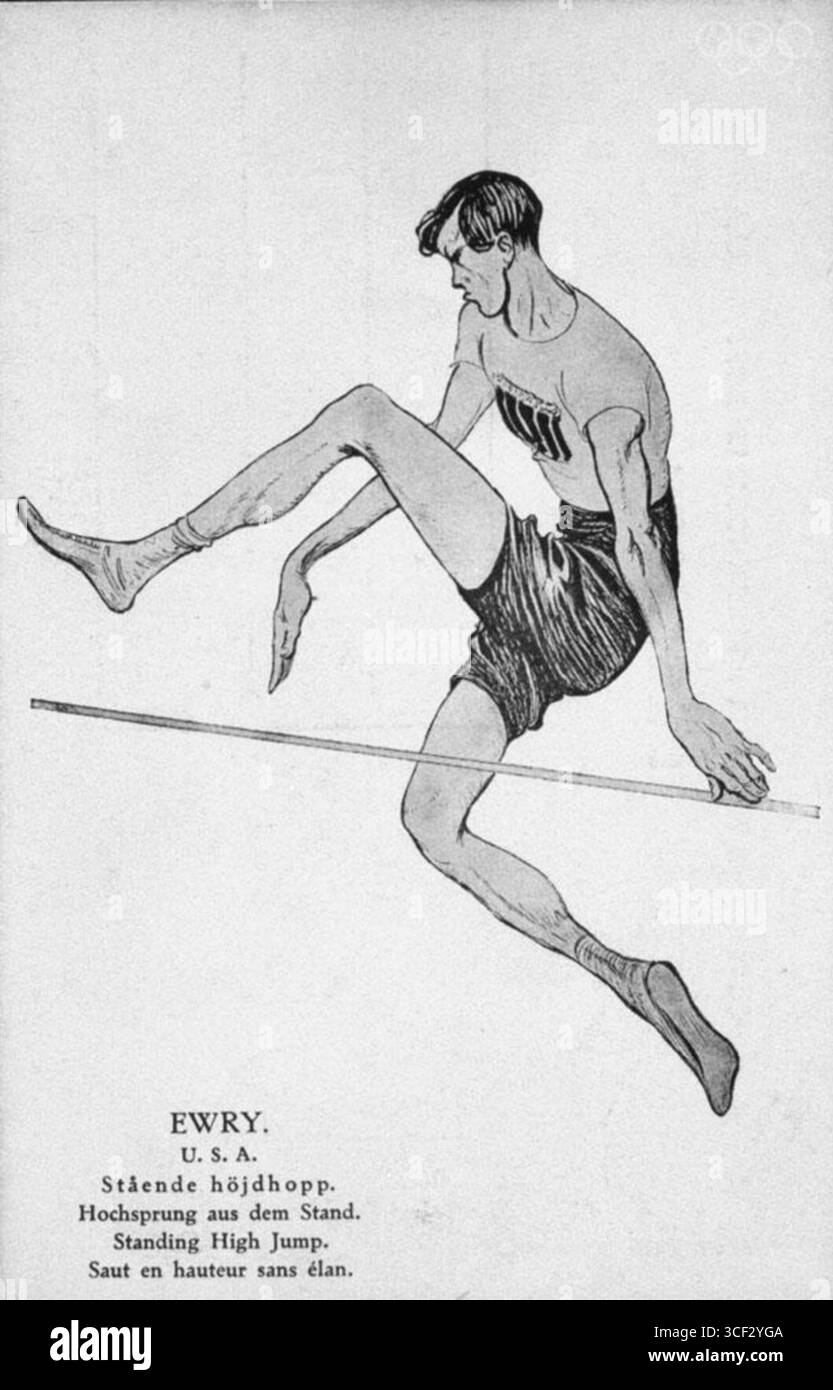 Un dessin représentant Ray Ewry des États-Unis franchissant la barre lors de l'épreuve Standing High Jump aux Jeux olympiques de Londres de 1908. Ewry a remporté la médaille d'or dans cet événement, montrant sa domination dans le sport. Banque D'Images