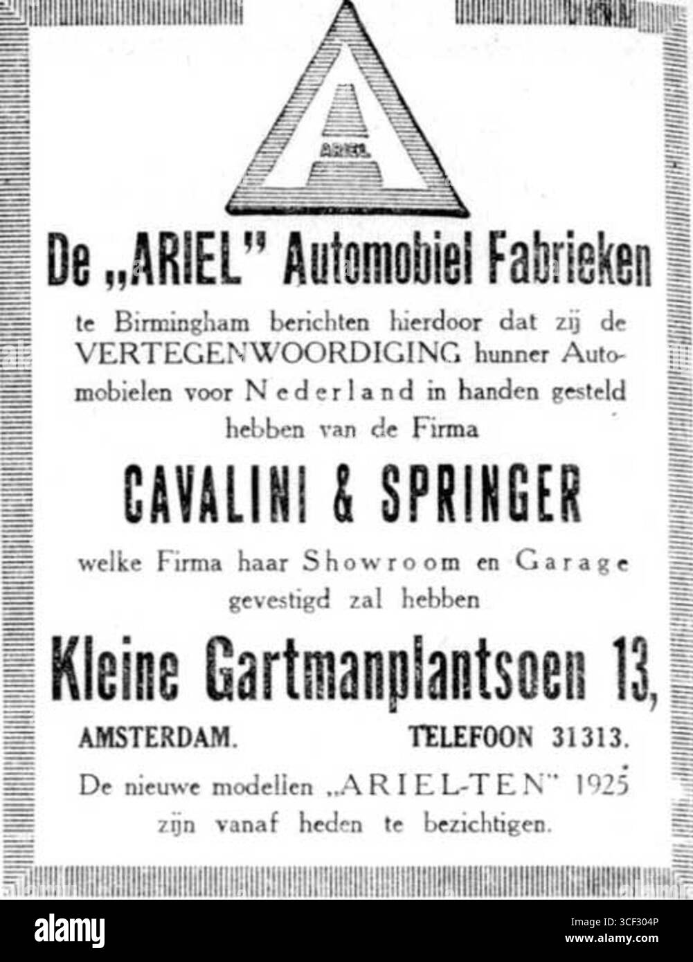 Cette publicité de décembre 1924 pour les automobiles Ariel a été présentée par Cavalini & Springer à Amsterdam. Ariel, un constructeur automobile britannique, a utilisé cette publicité pour promouvoir ses véhicules aux pays-Bas au début du XXe siècle. Banque D'Images