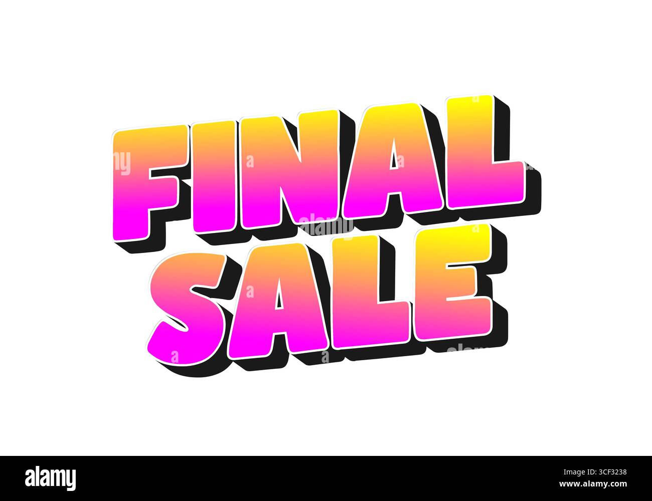 Texte dégradé rose gras à orange qui lit LA VENTE FINALE avec ombre portée noire épaisse sur fond blanc, style de lettrage 3D rétro Illustration de Vecteur