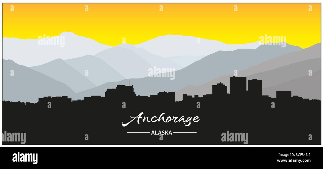 Silhouette Anchorage, horizon de l'Alaska avec montagnes et lettrage Banque D'Images
