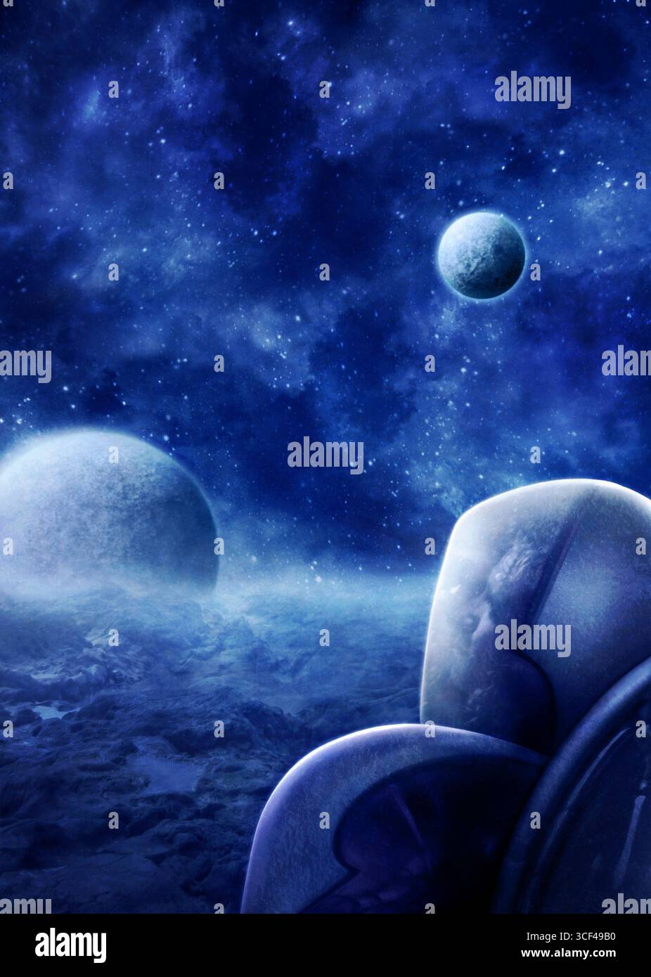 Un astronaute regarde dans l'espace, paysage rocheux, surface lunaire, lune, planète, nébuleuse Banque D'Images