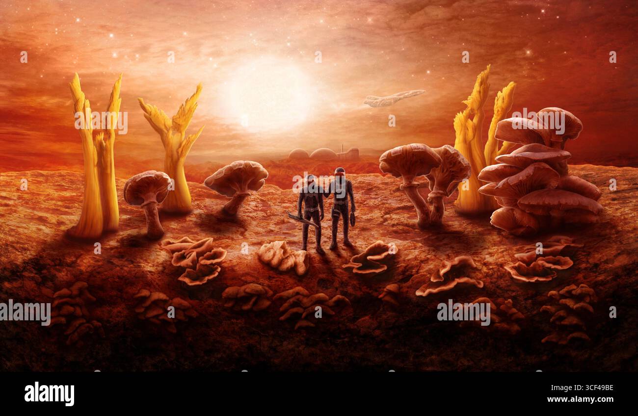 Deux astronautes sur une planète extraterrestre avec des champignons, un paysage rocheux, un vaisseau spatial, un soleil énorme, des étoiles Banque D'Images