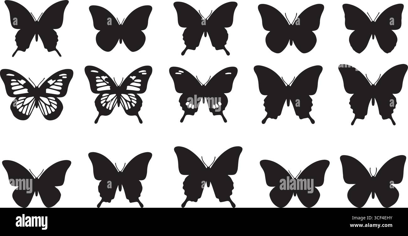 Collection de papillons silhouettés dans diverses poses et motifs d'ailes mettant en valeur diverses formes d'insectes et la beauté naturelle Illustration de Vecteur
