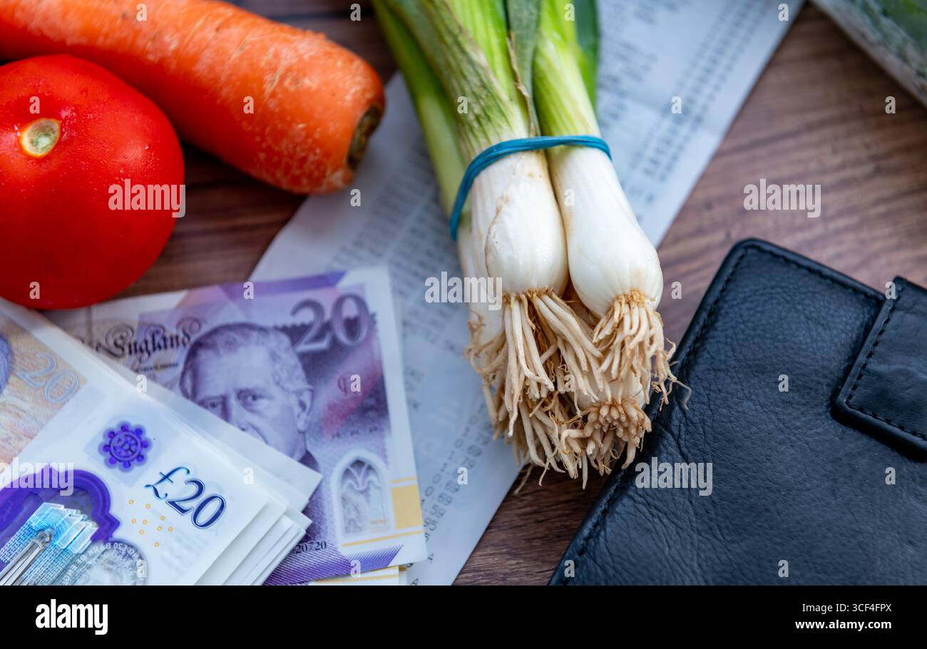 Un concept de coût de la vie au Royaume-Uni avec des billets de banque en livres sterling, un reçu d'épicerie, un sac à main et quelques épiceries. Banque D'Images