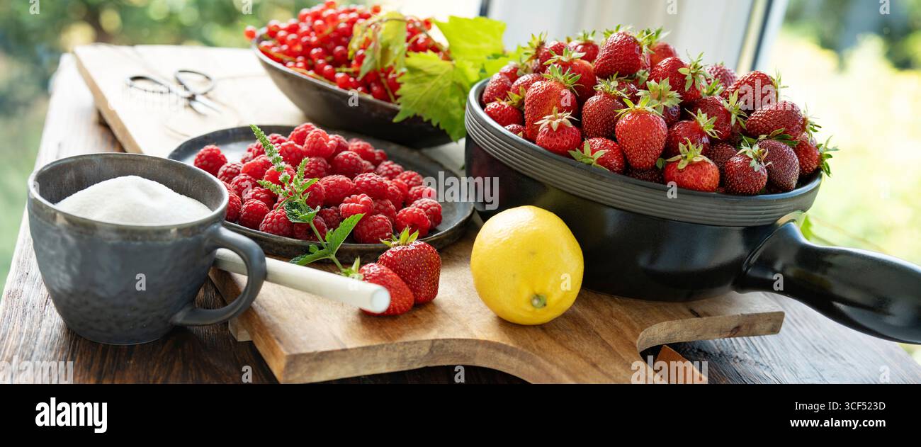 Fruits rouges frais pour confitures maison. Fraises, framboises, groseilles, sucre et citron pour la conservation des fruits. Nourriture fotografie pour confiture maison. Banque D'Images