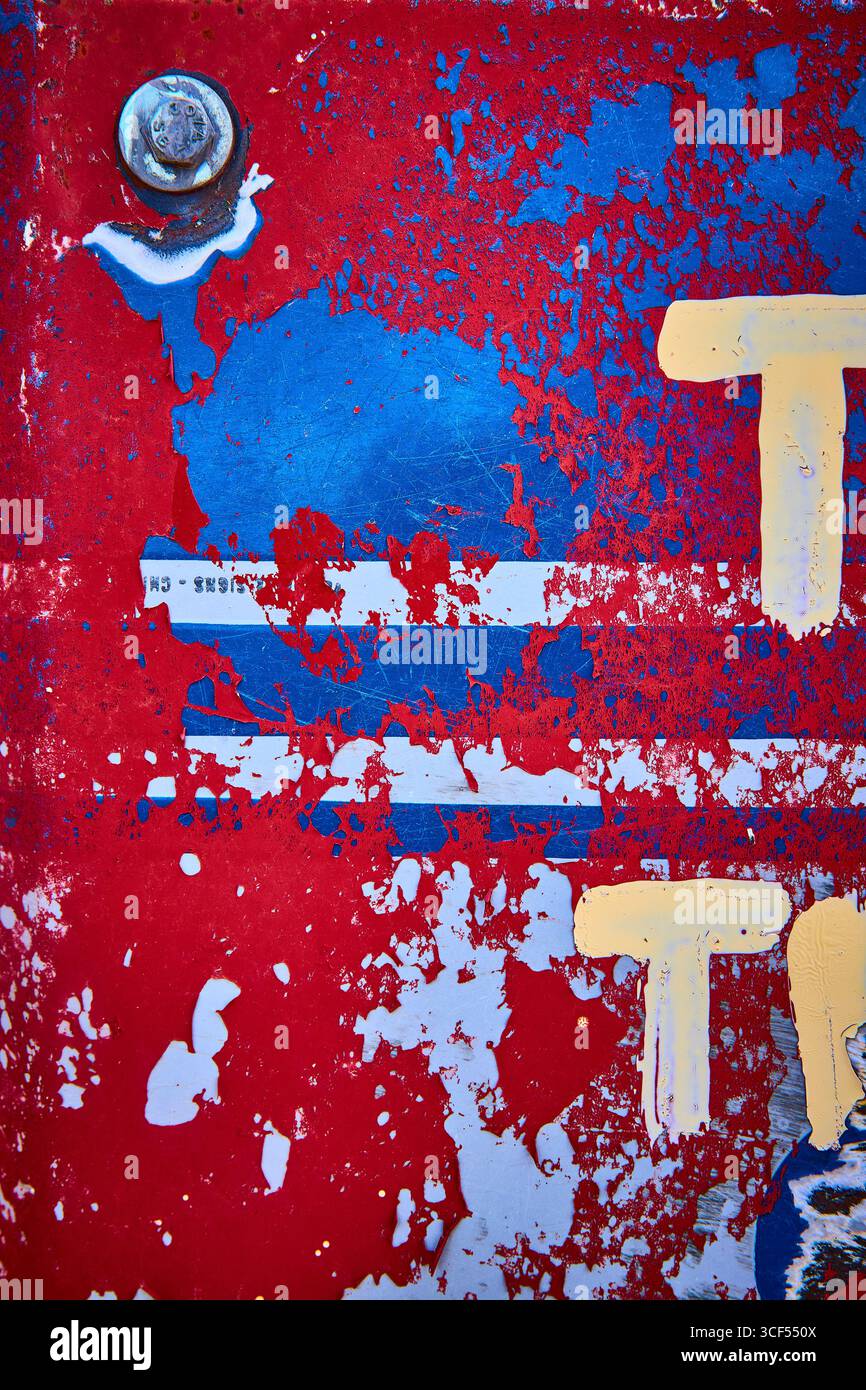 Pelage de la texture de peinture sur une surface métallique rouge et bleue altérée avec boulon rouillé Banque D'Images