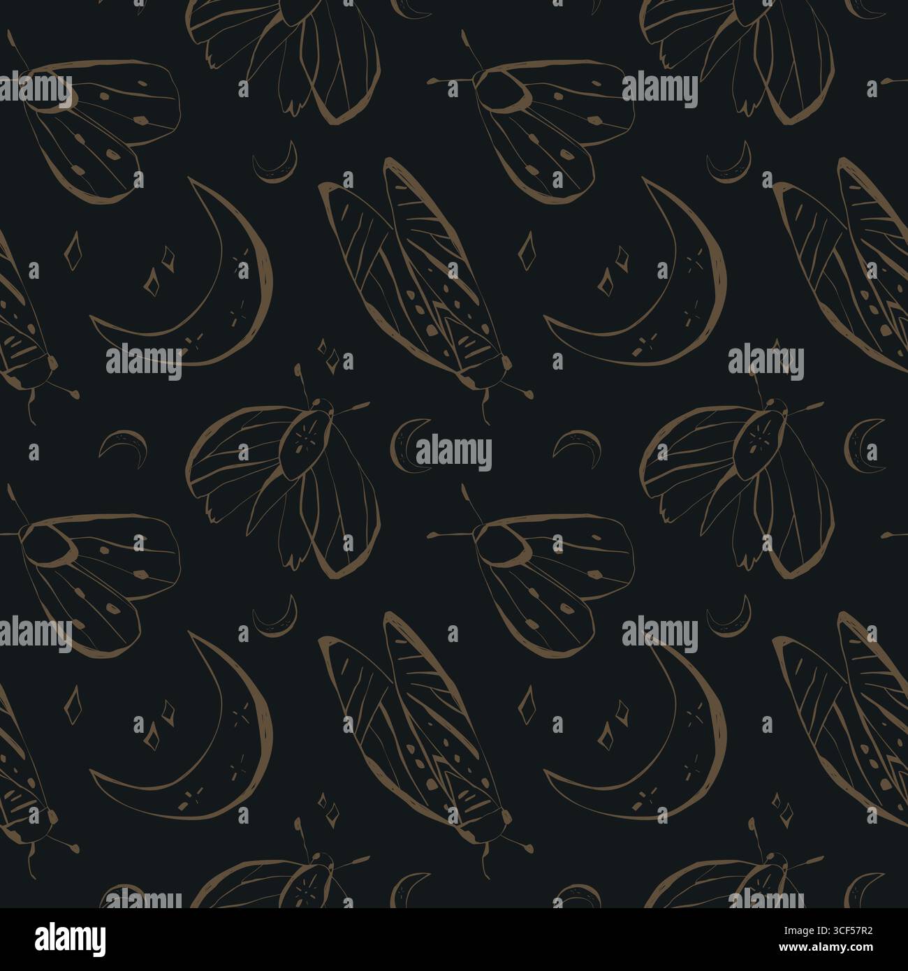 Motif sans couture mystique de papillons de nuit avec étoiles de lune en or sur noir pour le tissu de papeterie de décoration à la maison et le papier d'emballage illustration vectorielle Illustration de Vecteur