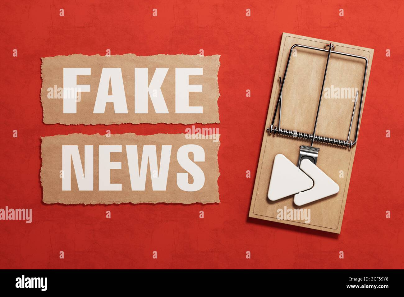 Concept de piège de désinformation. Piège à souris avec bouton lecture à côté de texte de fausse nouvelle sur fond rouge symbolisant la manipulation des médias. Rendu 3D. Banque D'Images