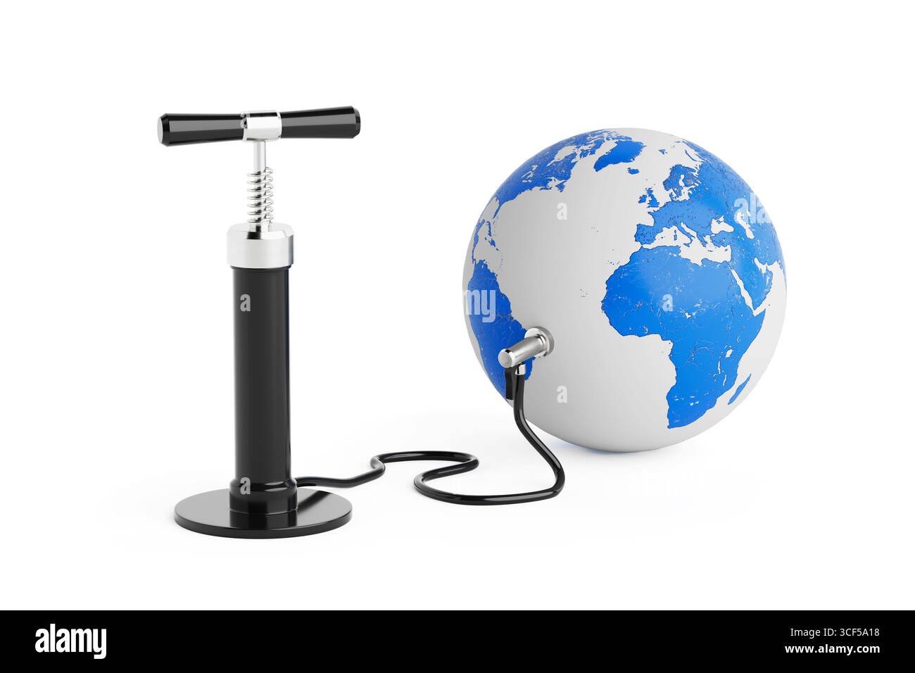 Concept de réchauffement climatique. Pompe à air connectée à la planète Terre symbolisant la pression environnementale sur fond blanc. Rendu 3D. Banque D'Images