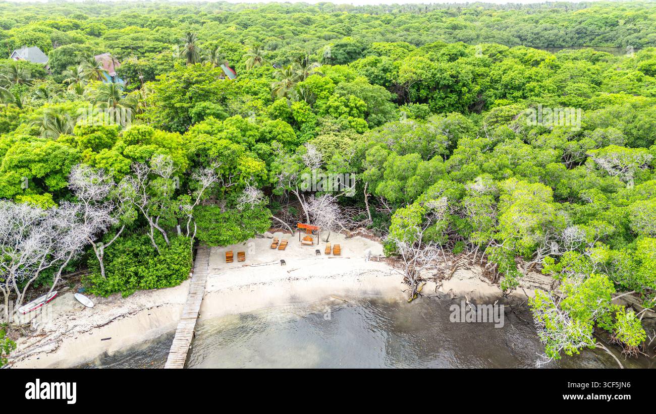 Une vue tranquille sur une plage isolée entourée de verdure luxuriante sur l'île de Rosario, Carthagène, Colombie. Banque D'Images