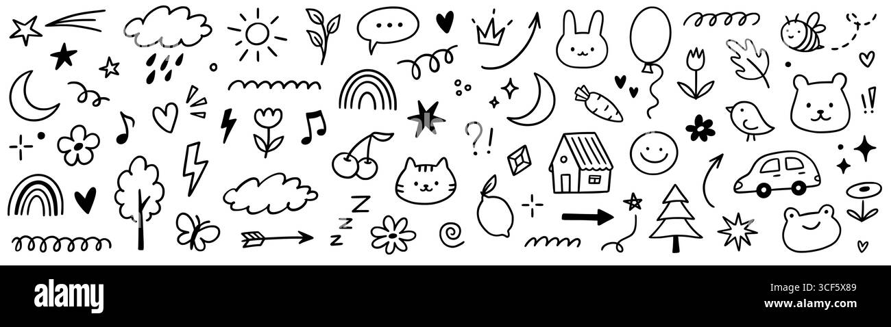 Ensemble d'éléments d'été Kid Cute Baby Doodle. Croquis coloré d'enfant coeur mignon, arc-en-ciel de maternelle et éléments de dessin animé de jouet enfantin. Icônes d'activités de terrain de jeu dessinées à la main. Illustration vectorielle Illustration de Vecteur