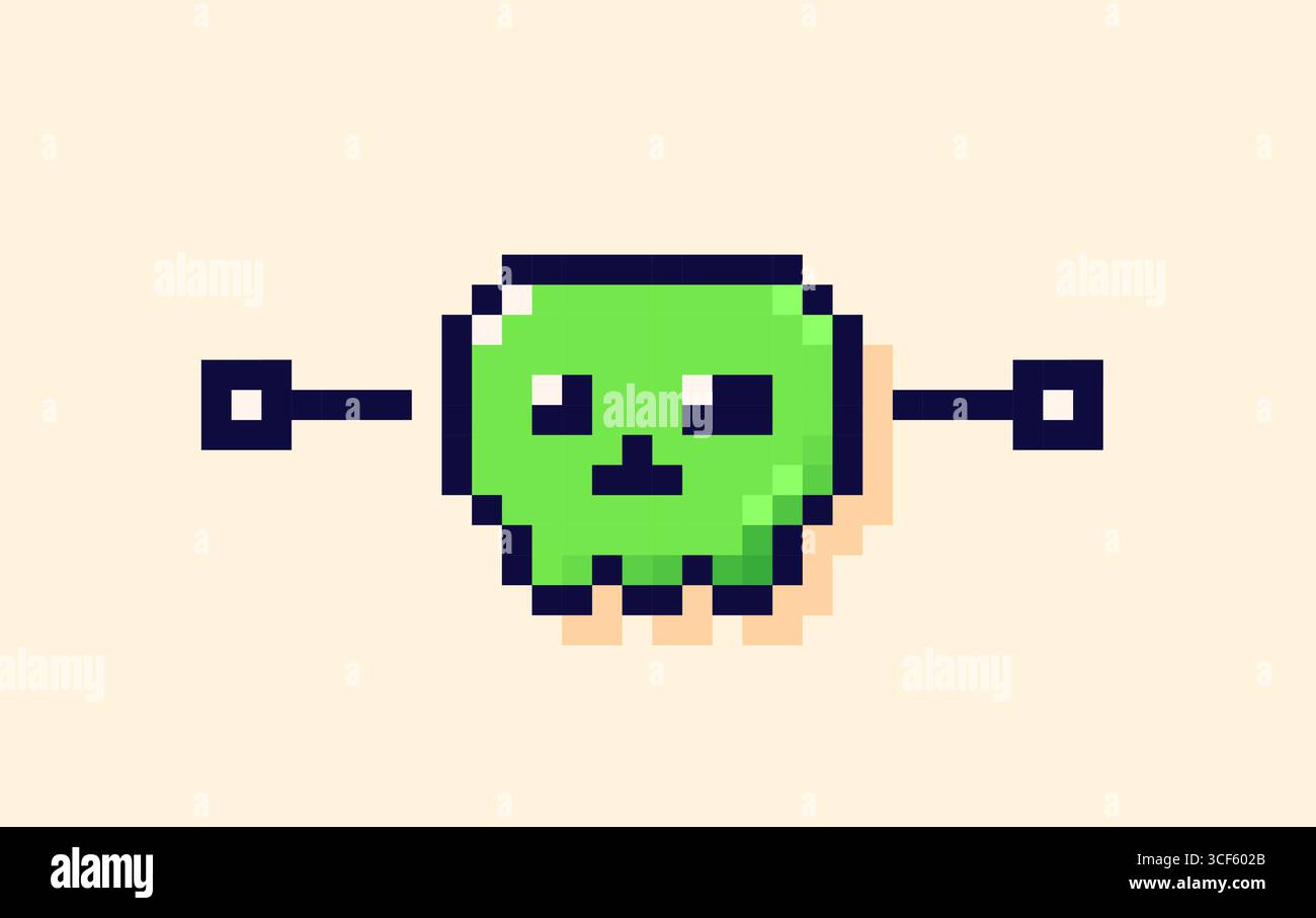 Crâne mignon vert pixel art avec visage kawaii. Illustration de Vecteur