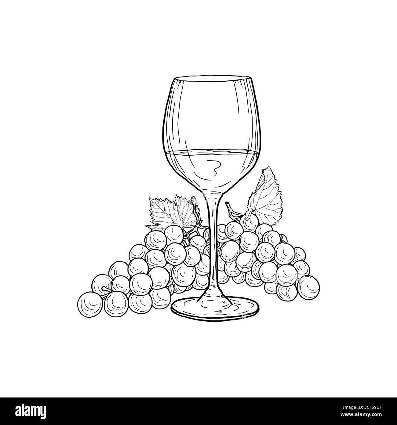 Verre de vin et grappes de raisins avec des baies mûres, croquis noir et blanc. Illustration vectorielle. Boisson au vin alcoolisé classique dans un verre, isolé Illustration de Vecteur
