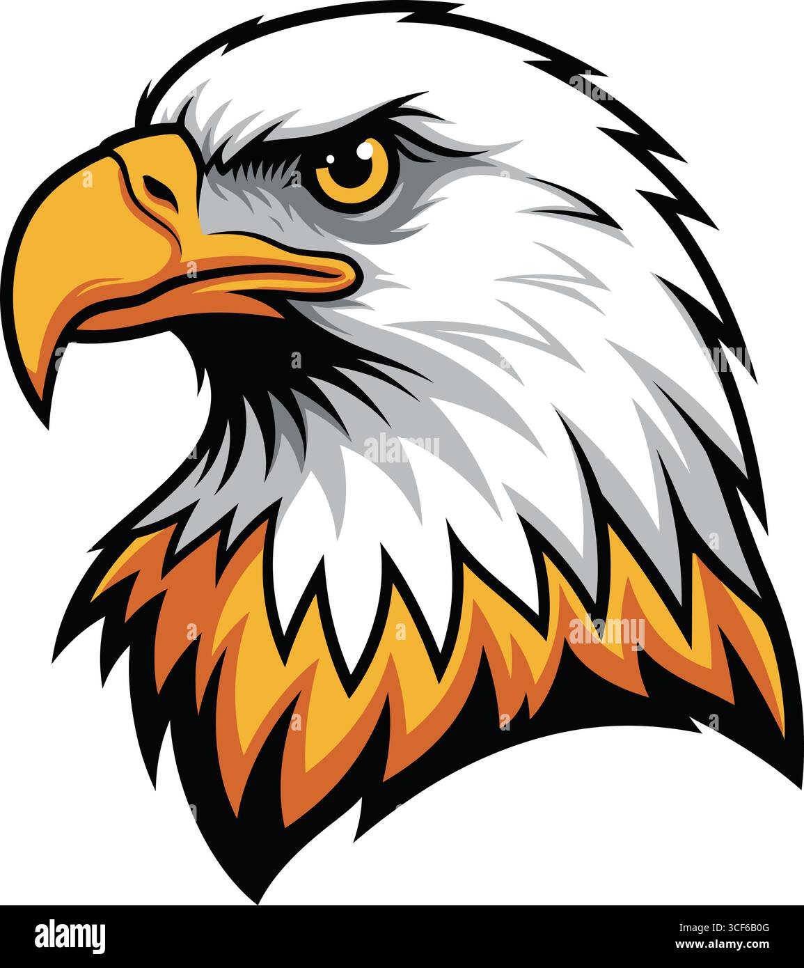 Une illustration puissante et stylisée de la tête d’un aigle chauve, mettant en valeur ses plumes blanches emblématiques, son œil jaune féroce et son bec doré pointu. Le cou Illustration de Vecteur