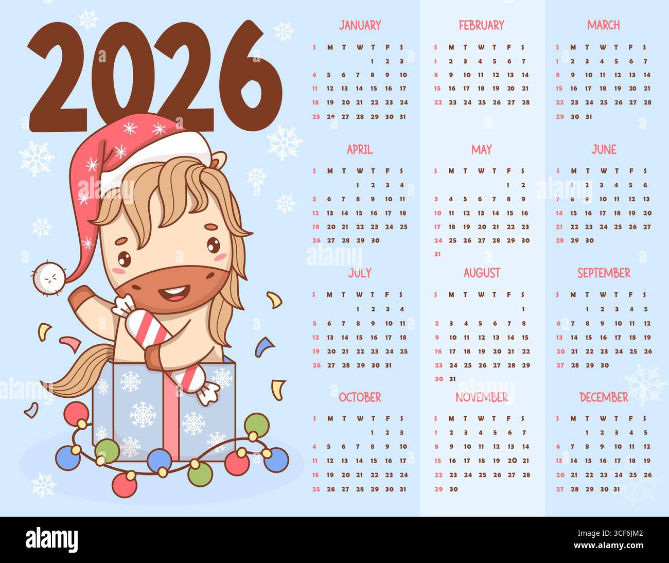 calendrier annuel 2026. Cheval de Noël mignon dans le chapeau de Père Noël avec des bonbons, guirlande dans la boîte cadeau. Modèle horizontal de vecteur du nouvel an 12 mois en anglais. Wee Illustration de Vecteur